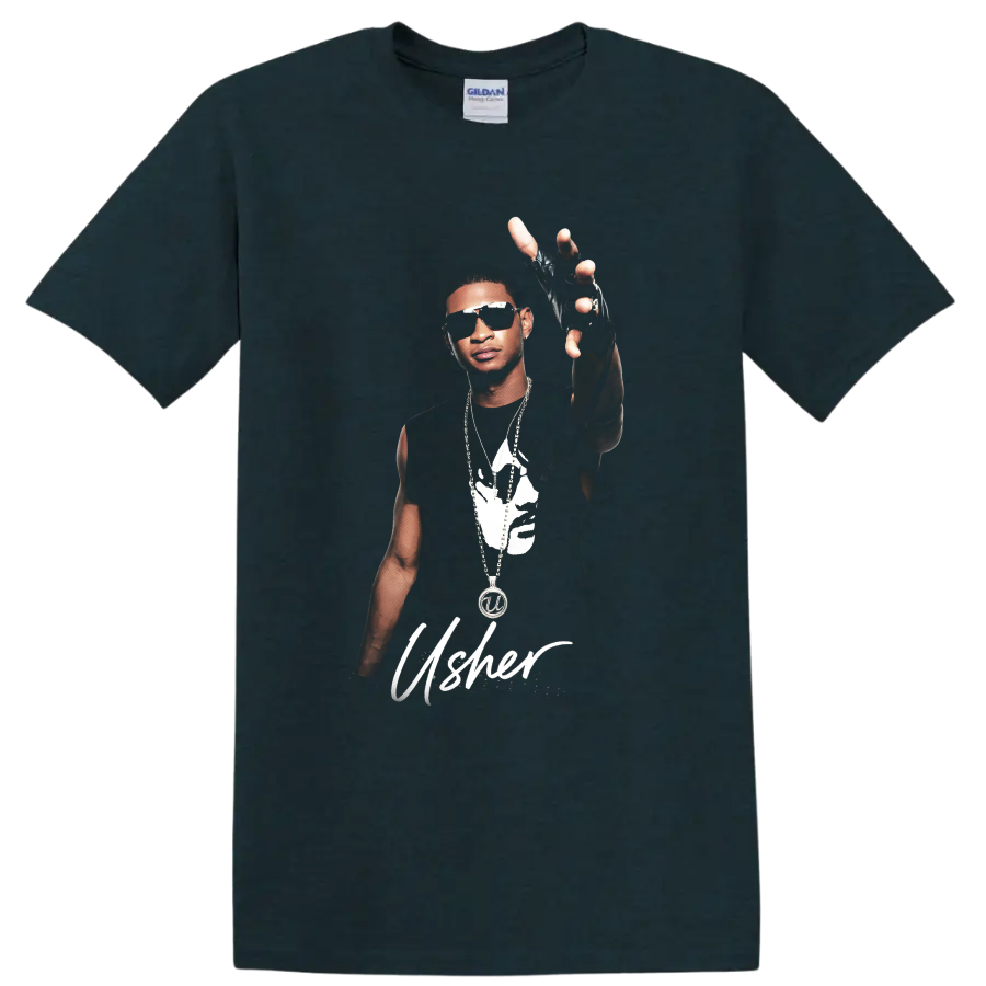 Usher portrait graphic with sunglasses, jewelry, raised gloved hand, and script on a Midnight (Green) T Shirt
