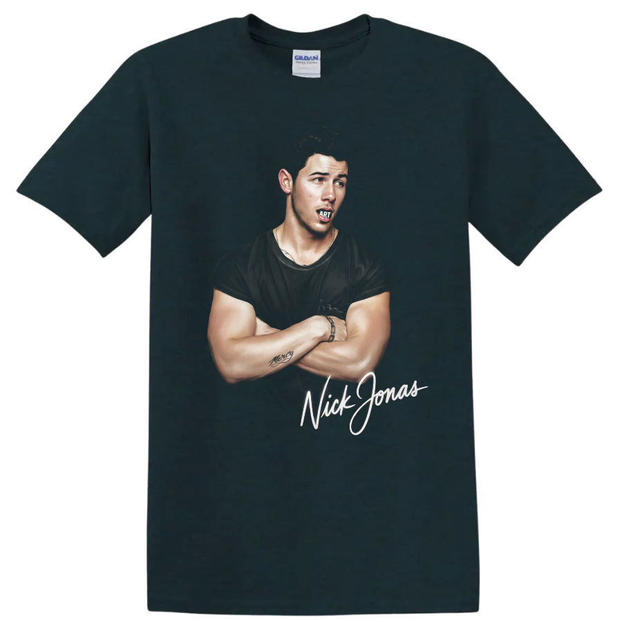 Nick Jonas illustrated portrait graphic print with script lettering on a Midnight (Green) T Shirt