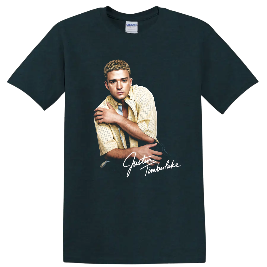 Justin Timberlake portrait graphic with white script lettering on a Midnight (Green) T Shirt