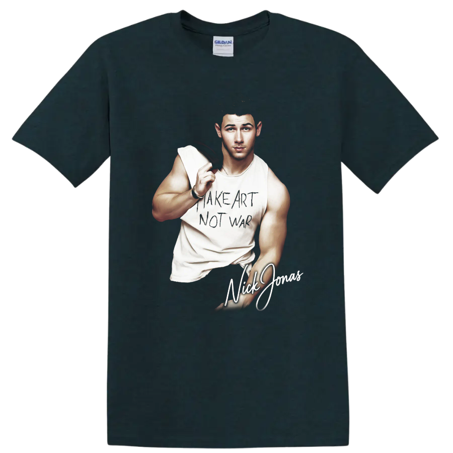 Nick Jonas FHM China portrait with Make Art Not War graphic on a Midnight (Green) T Shirt