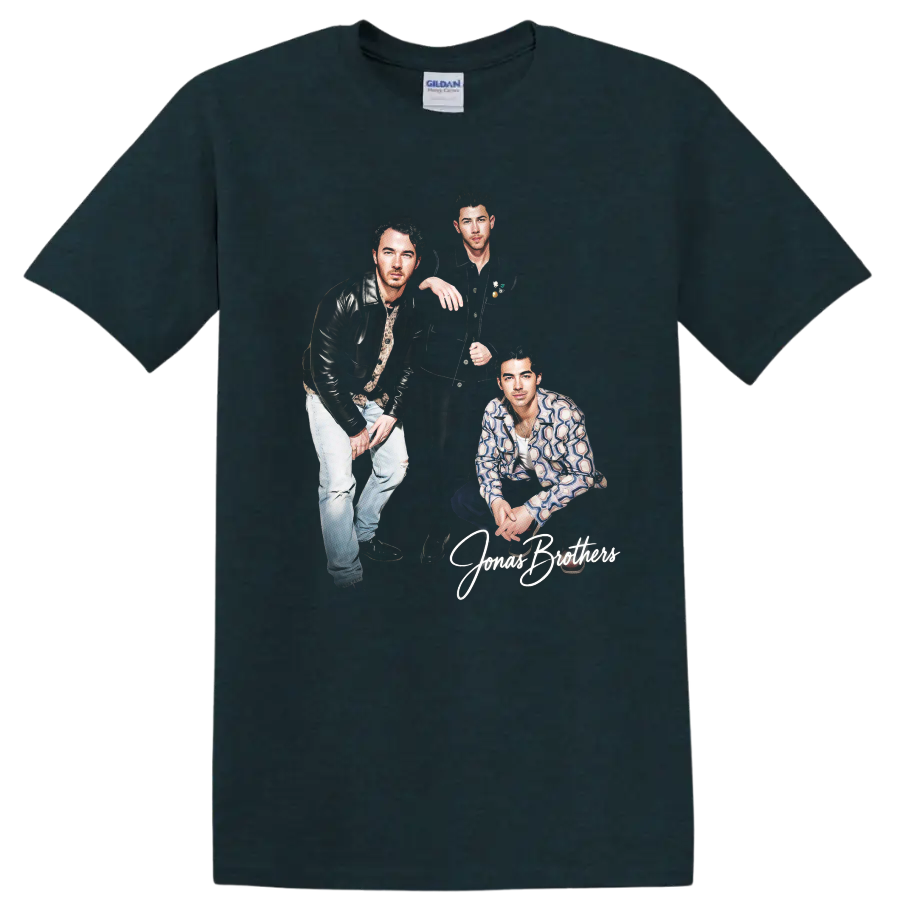 Nick Jonas and Jonas Brothers portrait graphic with script lettering on a Midnight (Green) T Shirt