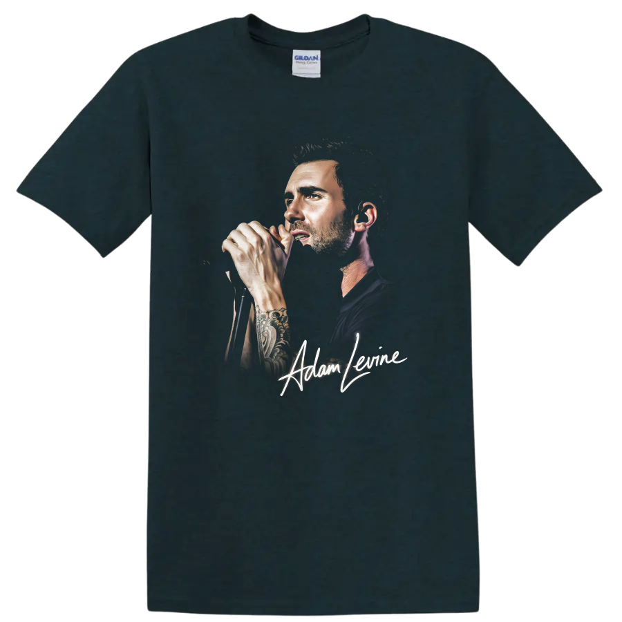 Adam Levine portrait singing into a microphone with signature graphic on a Midnight (Green) T Shirt