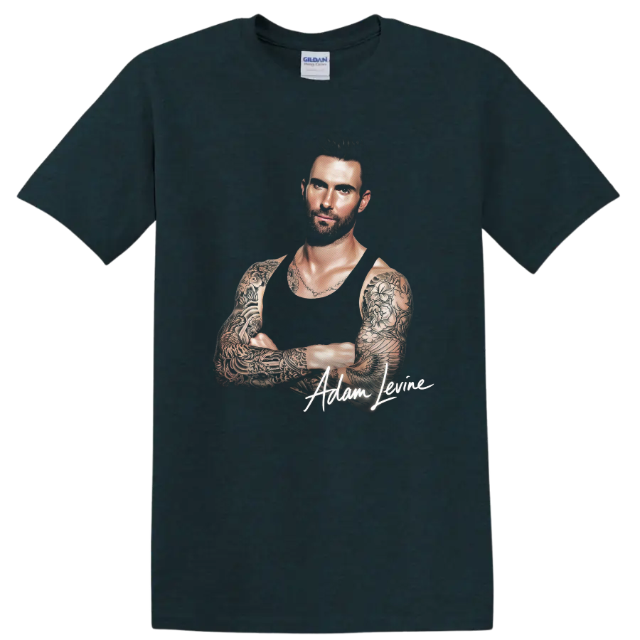 Adam Levine tattoo portrait with signature graphic on a Midnight (Green) T Shirt