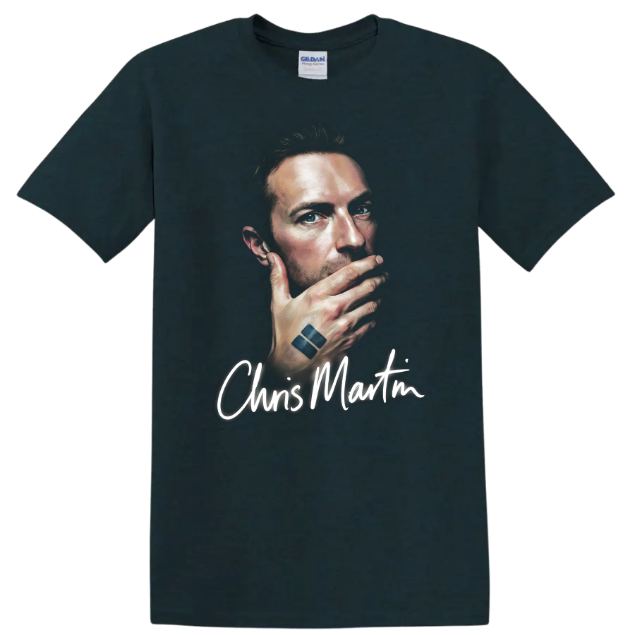 Chris Martin portrait graphic print with handwritten name lettering on a Midnight (Green) T Shirt