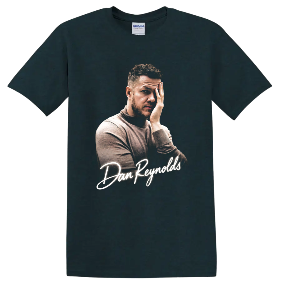 Dan Reynolds portrait with white script lettering on a Midnight (Green) T Shirt