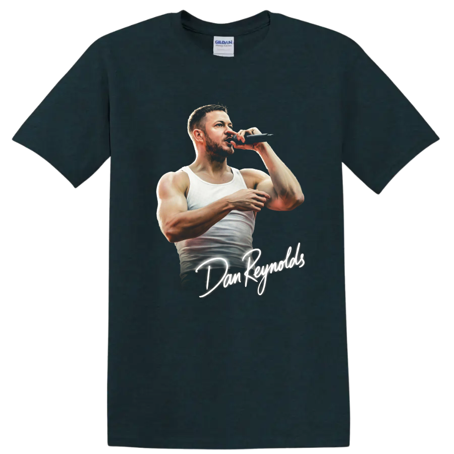 Dan Reynolds performing with microphone, illustrated portrait with handwritten name on a Midnight (Green) T Shirt