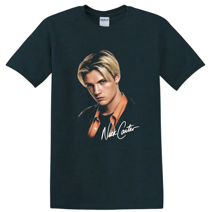 Nick Carter portrait with signature-style lettering on a Midnight (Green) T Shirt