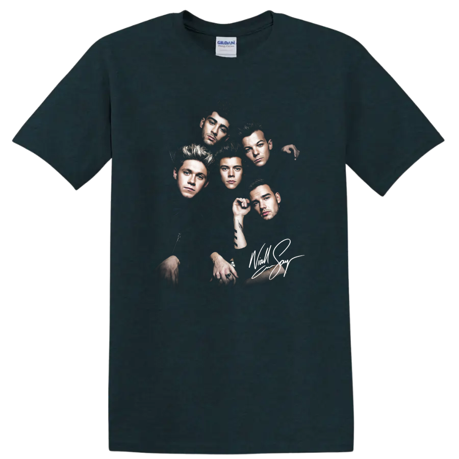 One Direction five-member band portrait with dramatic dark graphic design on a Midnight (Green) T Shirt