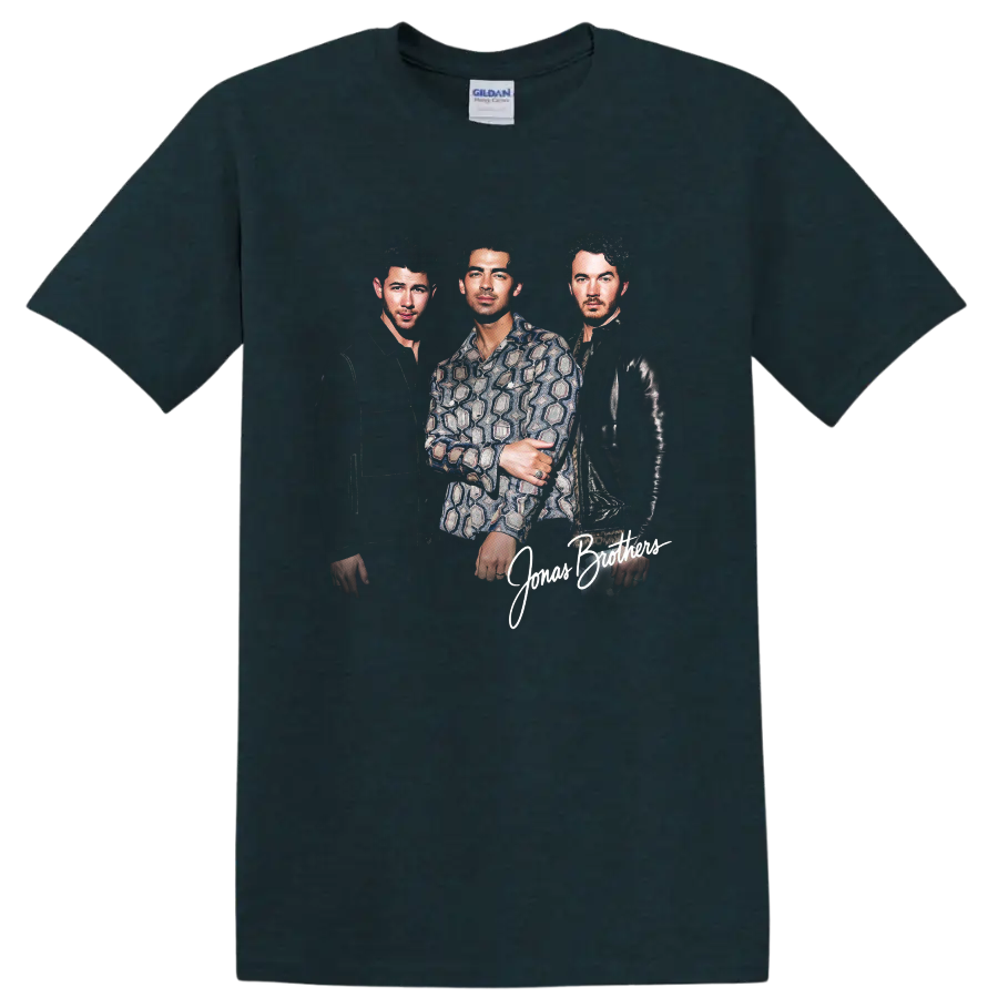 Jonas Brothers portrait graphic with Nick, Joe, and Kevin and script lettering on a Midnight (Green) T Shirt