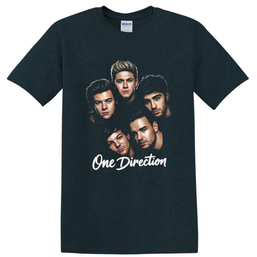 One Direction five-member illustrated fan art with script lettering on a Midnight (Green) T Shirt