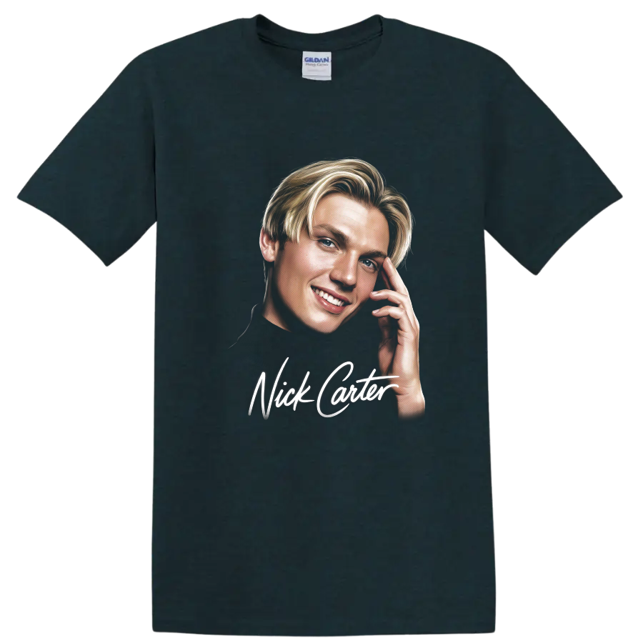 Nick Carter illustrated portrait with white script lettering on a Midnight (Green) T Shirt