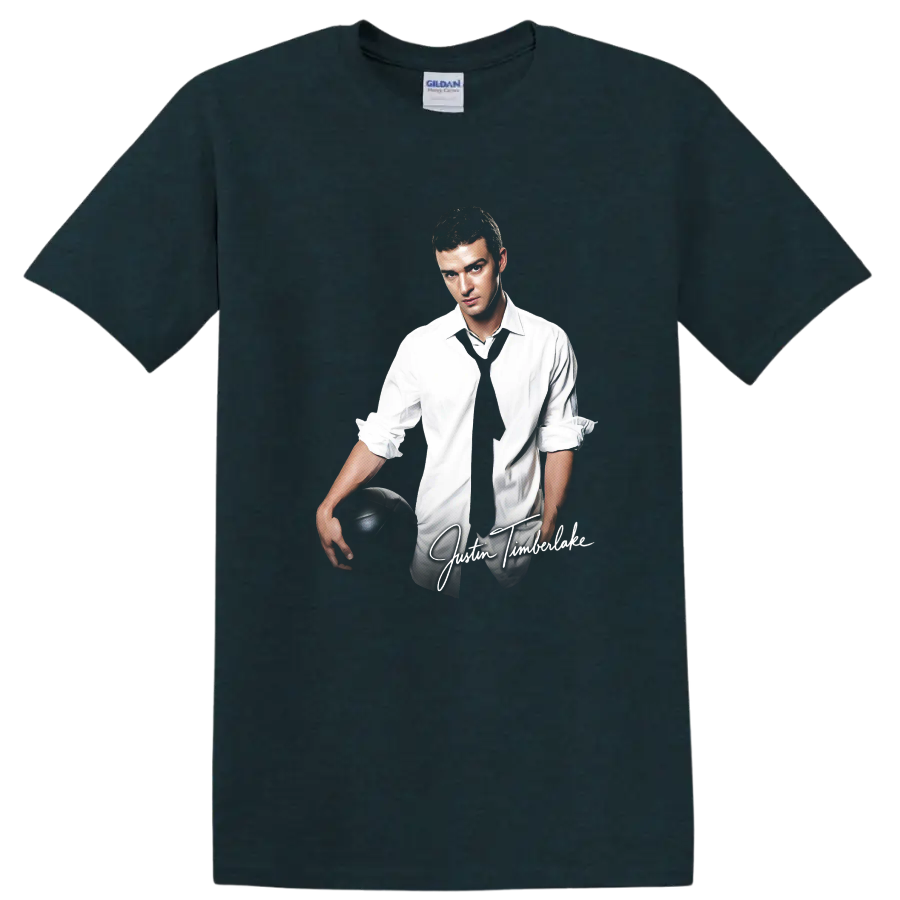 Justin Timberlake portrait in white shirt and black tie holding soccer ball on a Midnight (Green) T Shirt
