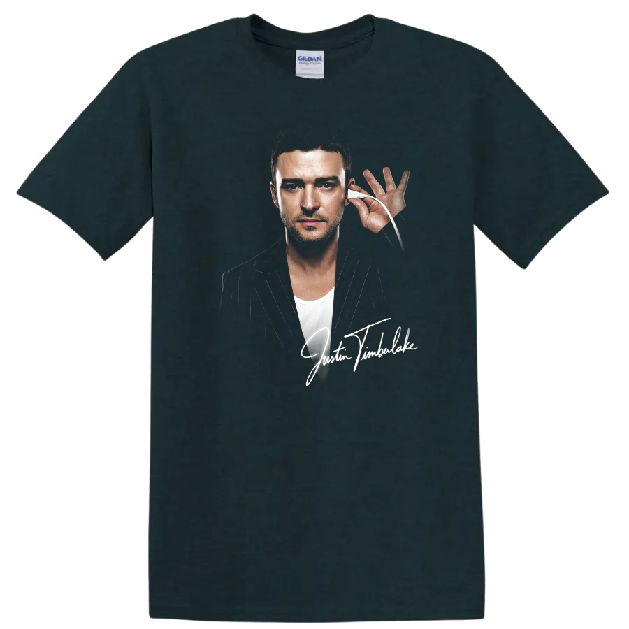 Justin Timberlake portrait graphic with signature and pinstripe jacket on a Midnight (Green) T Shirt