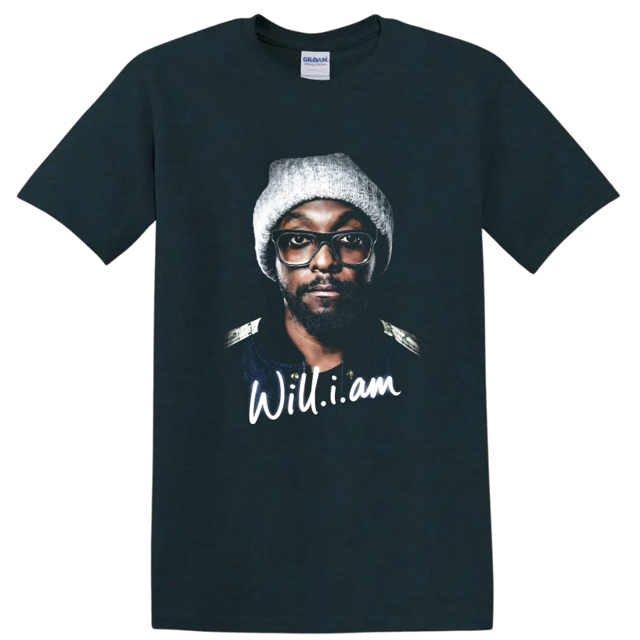 will.i.am hip-hop portrait graphic with knit cap and glasses on a Midnight (Green) T Shirt