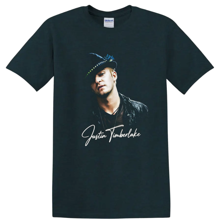 Justin Timberlake portrait graphic with white signature-style lettering on a Midnight (Green) T Shirt