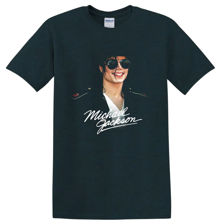 Michael Jackson portrait with fedora, sunglasses, and signature lettering on a Midnight (Green) T Shirt