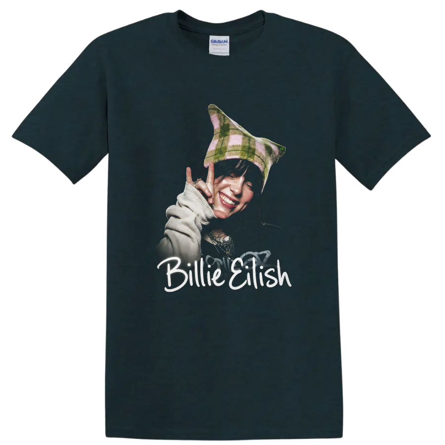 Billie Eilish smiling portrait with plaid hat and hand-lettered name on a Midnight (Green) T Shirt
