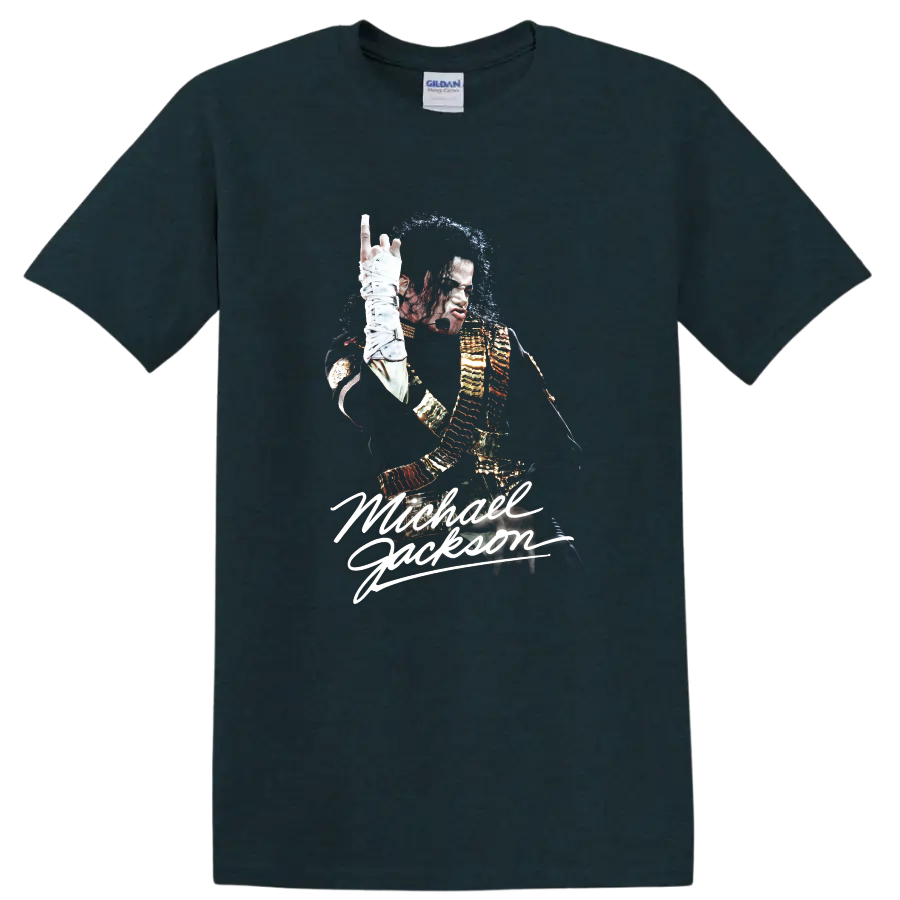 Michael Jackson Dangerous-era performance portrait fan art with signature lettering on a Midnight (Green) T Shirt