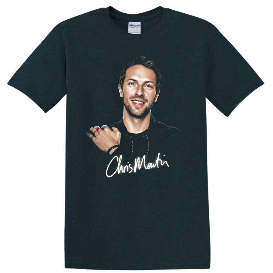 Chris Martin illustrated portrait with white signature-style script on a Midnight (Green) T Shirt