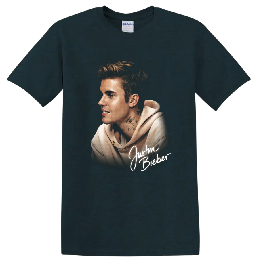 Justin Bieber side-profile portrait graphic with white script lettering on a Midnight (Green) T Shirt