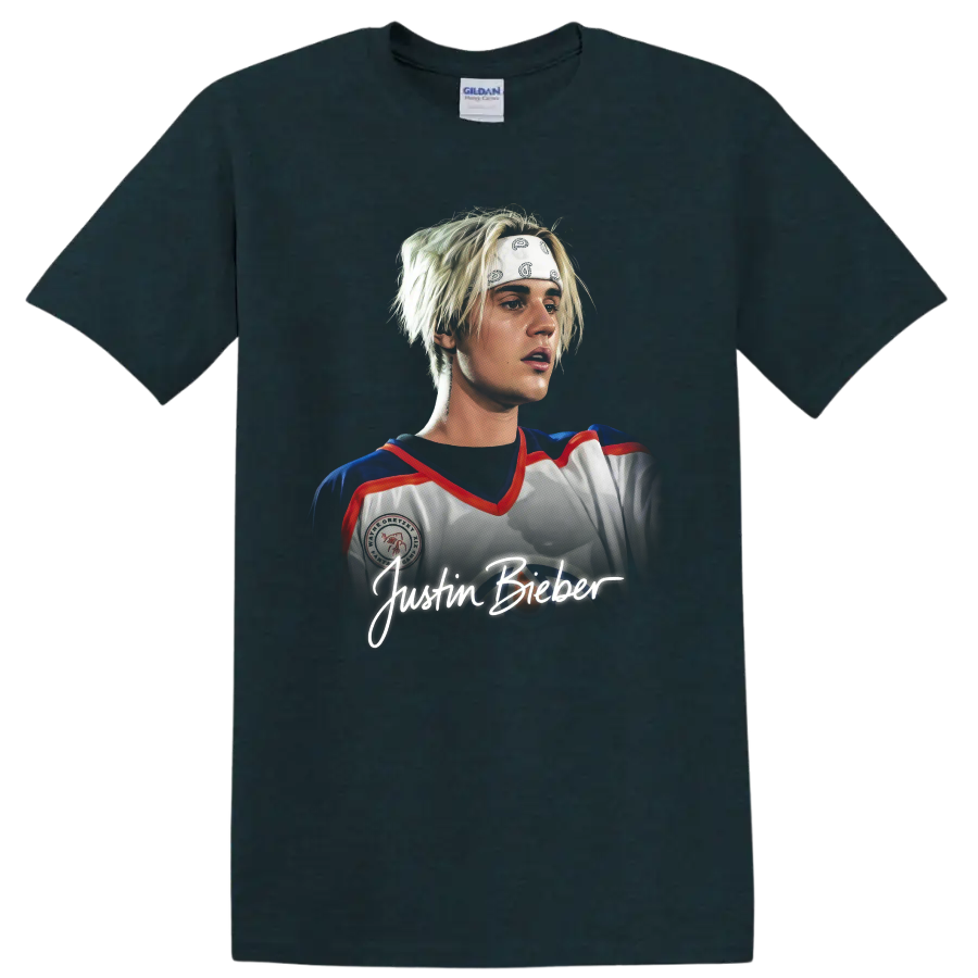 Justin Bieber portrait in hockey jersey with handwritten name graphic on a Midnight (Green) T Shirt