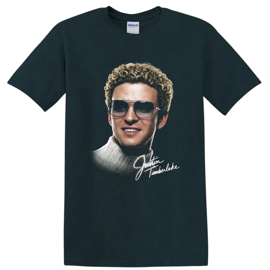 Justin Timberlake NSYNC portrait graphic with signature lettering on a Midnight (Green) T Shirt
