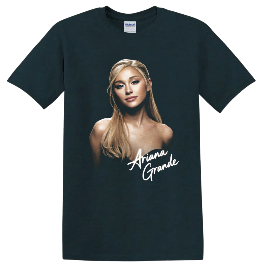 Ariana Grande digital portrait fan art with white script lettering on a Midnight (Green) T Shirt