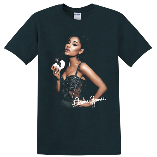 Ariana Grande fragrance-themed beauty portrait fan art with white script on a Midnight (Green) T Shirt