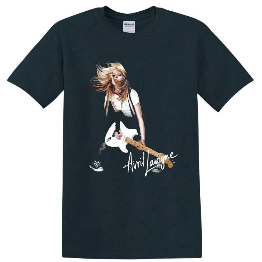 Avril Lavigne pop-punk guitarist with white electric guitar graphic on a Midnight (Green) T Shirt