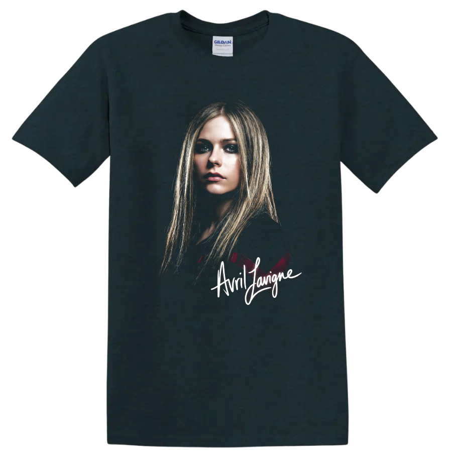 Avril Lavigne pop-punk portrait fan art with signature text on a Midnight (Green) T Shirt