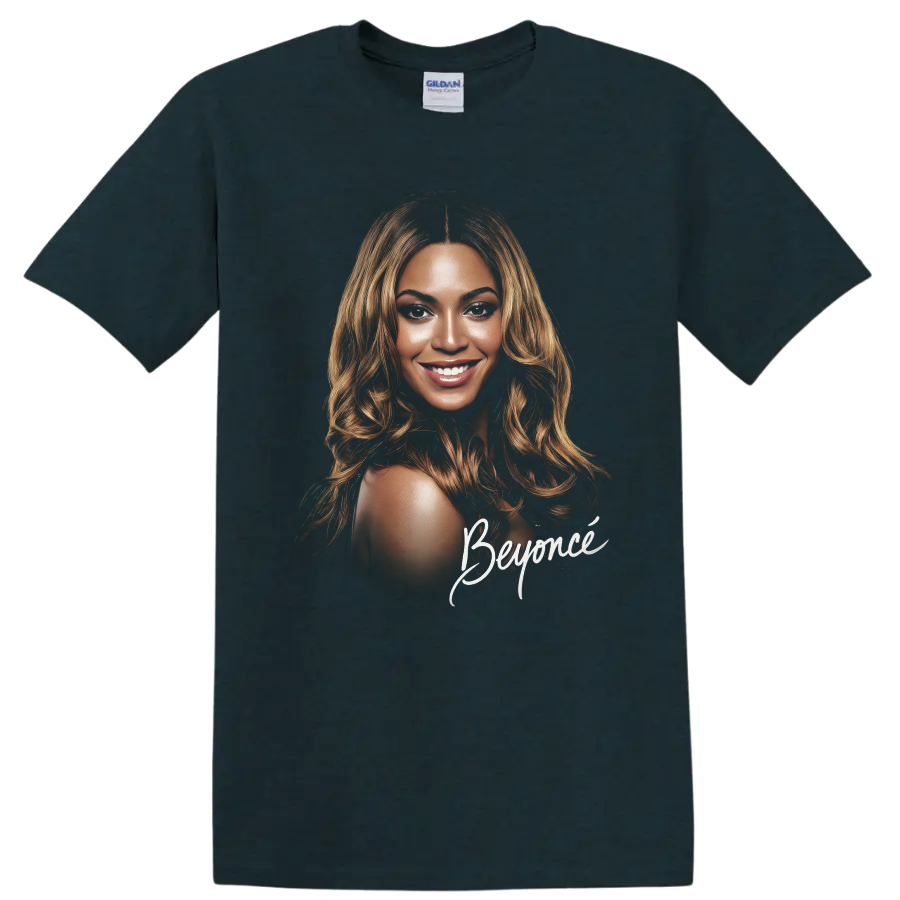 Beyoncé portrait fan art with signature-style lettering on a Midnight (Green) T Shirt