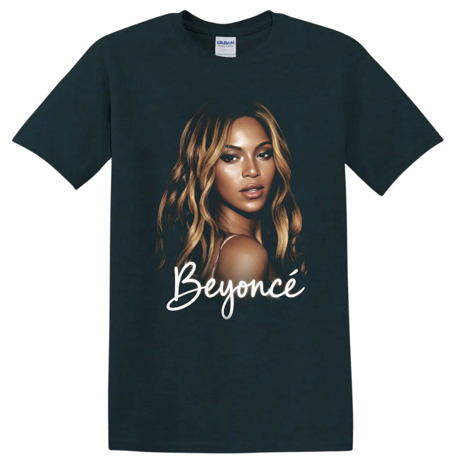 Beyoncé portrait graphic with white script lettering on a Midnight (Green) T Shirt