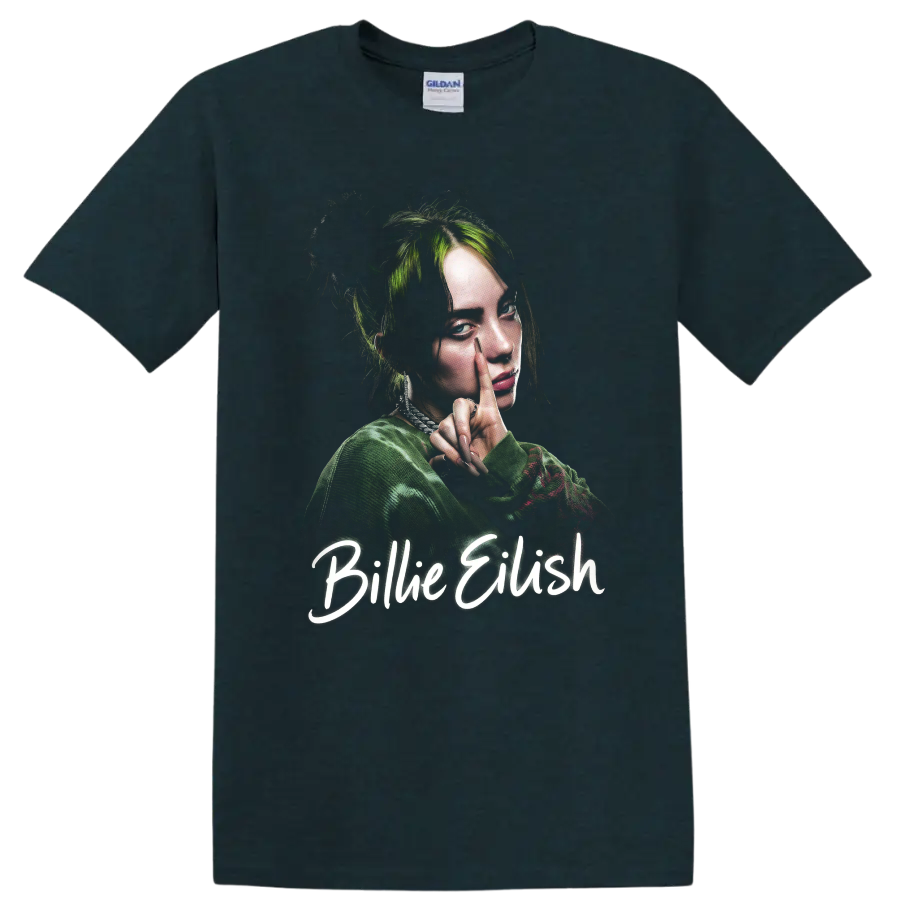 Billie Eilish portrait fan art with green hair and script lettering on a Midnight (Green) T Shirt