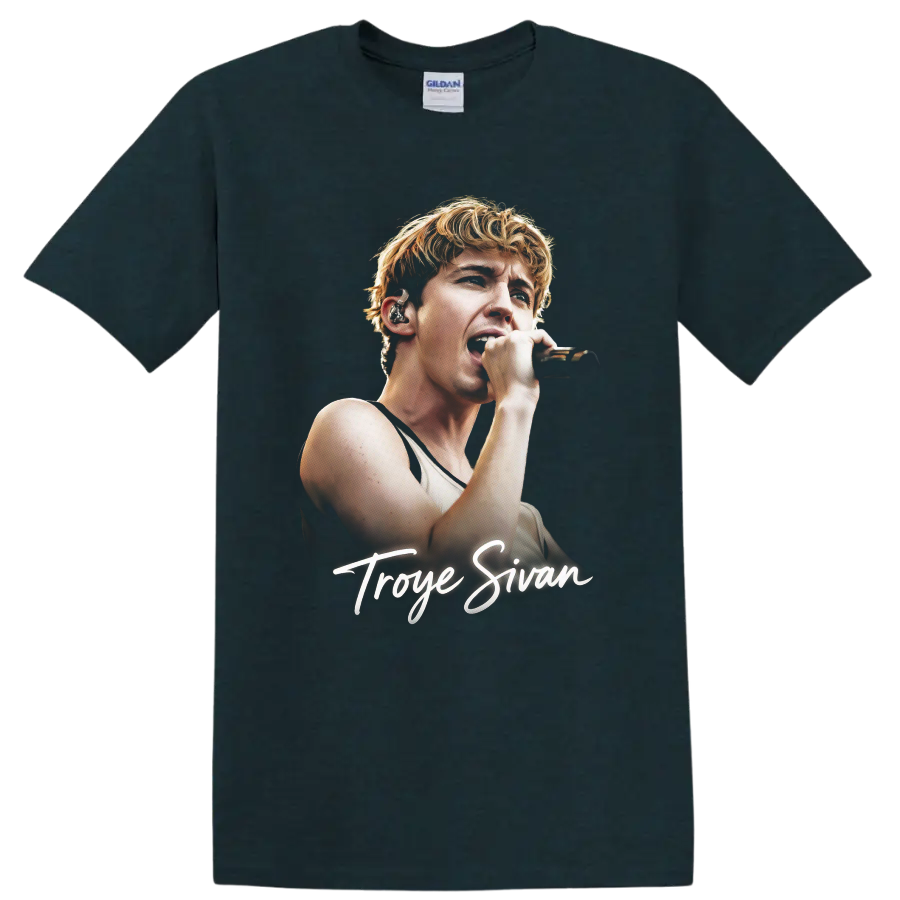 Troye Sivan singing into a microphone with signature script on a Midnight (Green) T Shirt