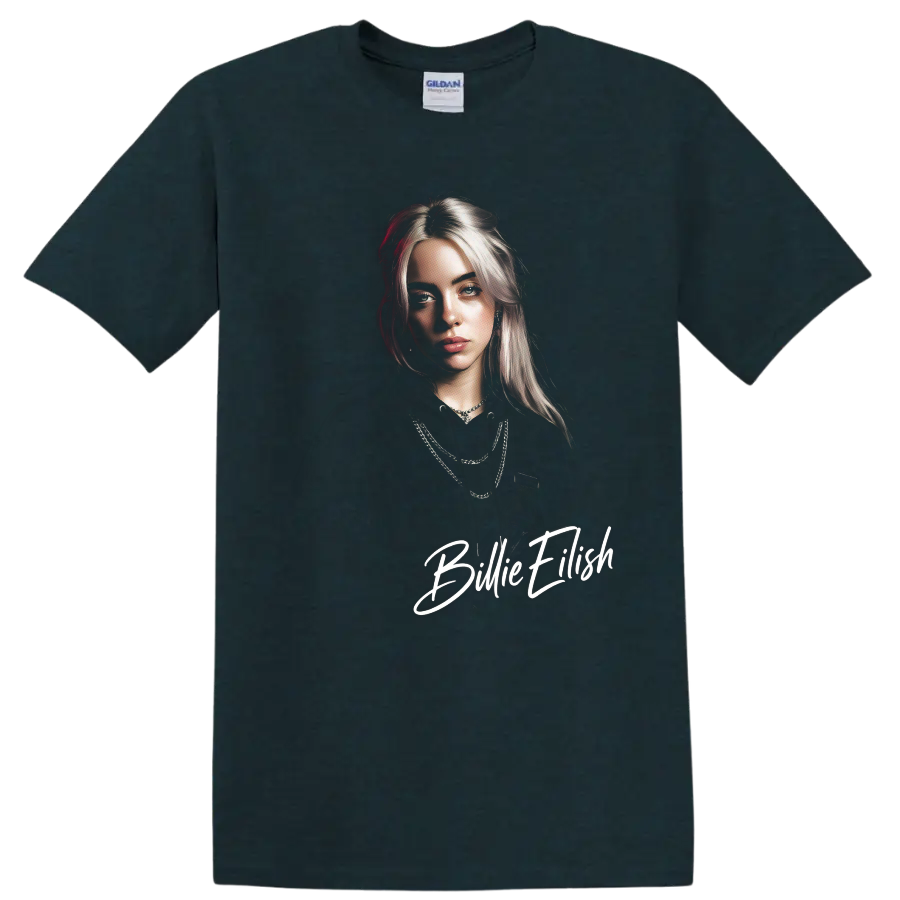 Billie Eilish portrait digital fan art with white script lettering on a Midnight (Green) T Shirt