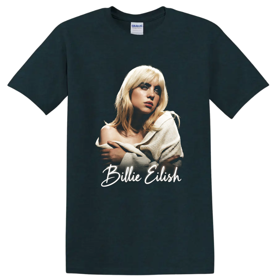 Billie Eilish pop-art portrait with handwritten name lettering on a Midnight (Green) T Shirt