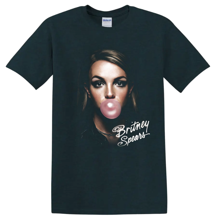 Britney Spears digital portrait with pink bubble gum and white script on a Midnight (Green) T Shirt
