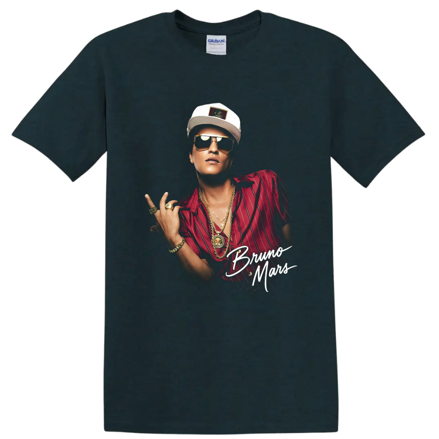 Bruno Mars portrait graphic with red shirt, sunglasses, and script text on a Midnight (Green) T Shirt