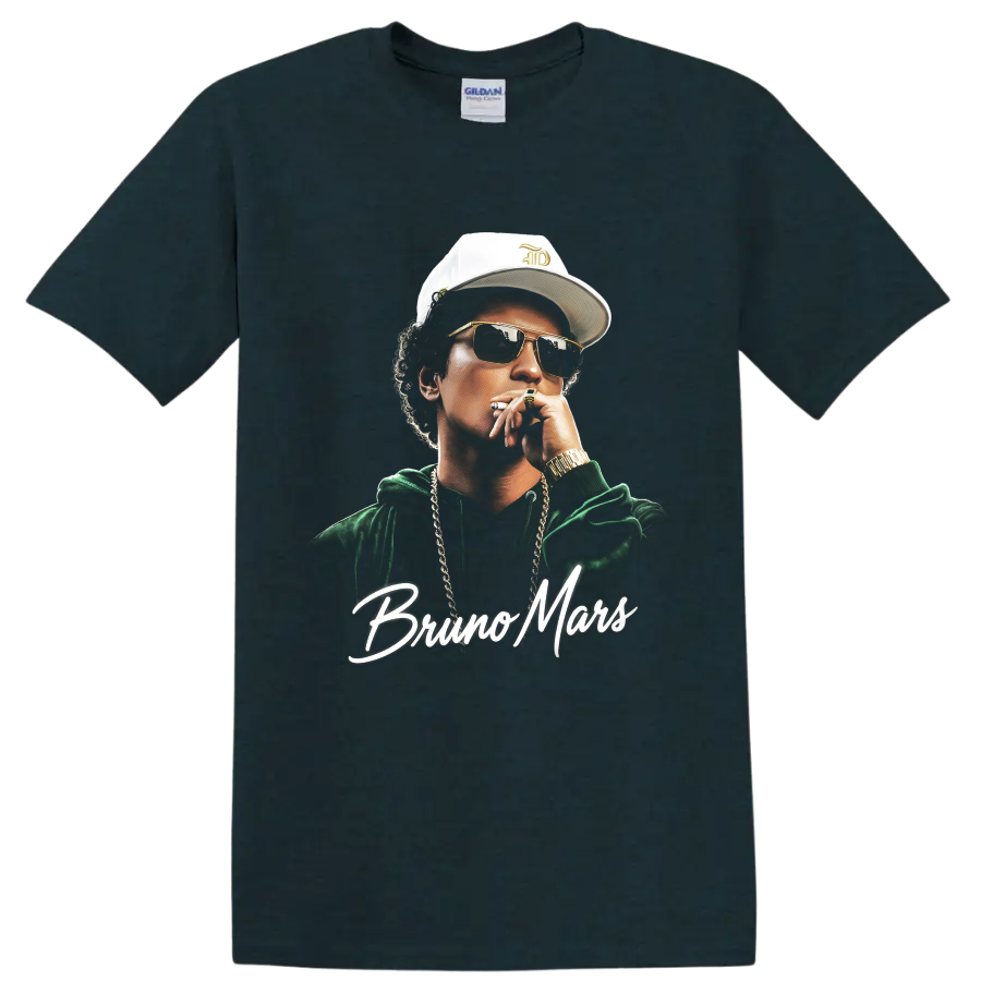 Bruno Mars pop-art portrait with sunglasses and script name lettering on a Midnight (Green) T Shirt