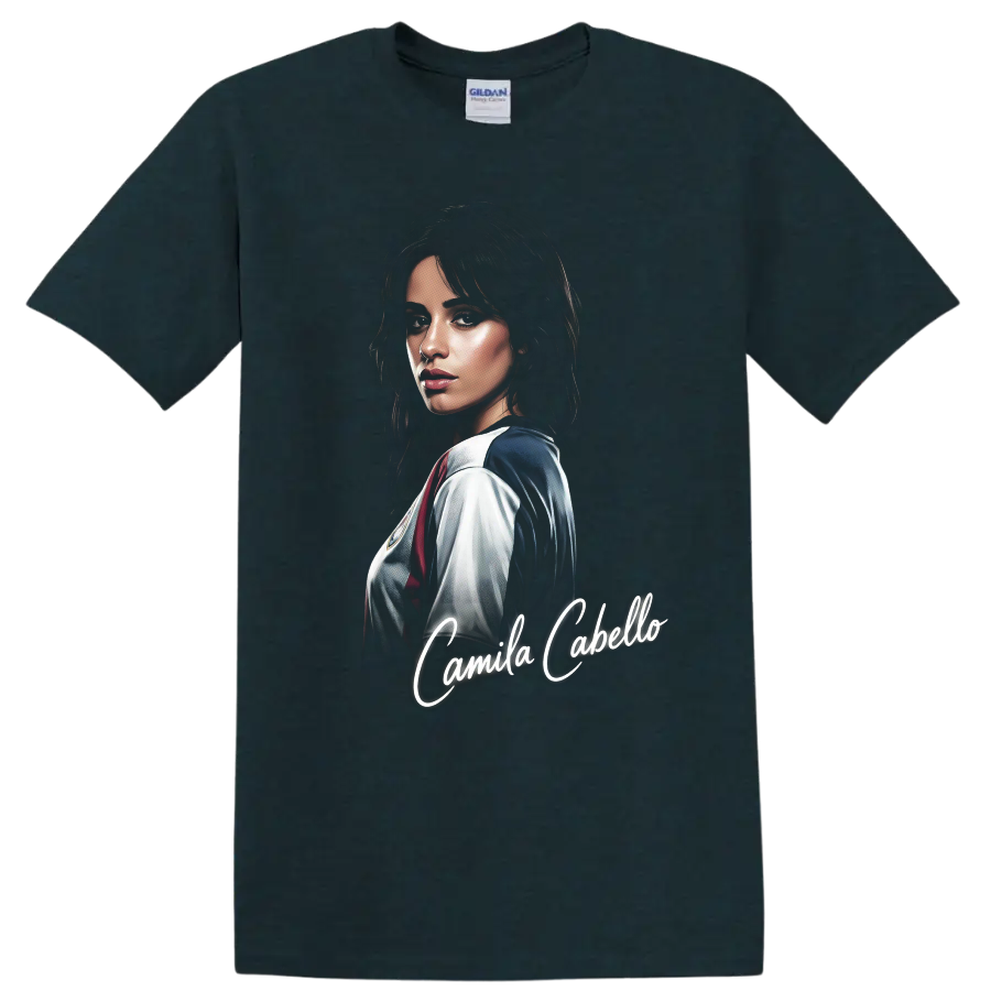 Camila Cabello illustrated portrait with glowing script name on a Midnight (Green) T Shirt