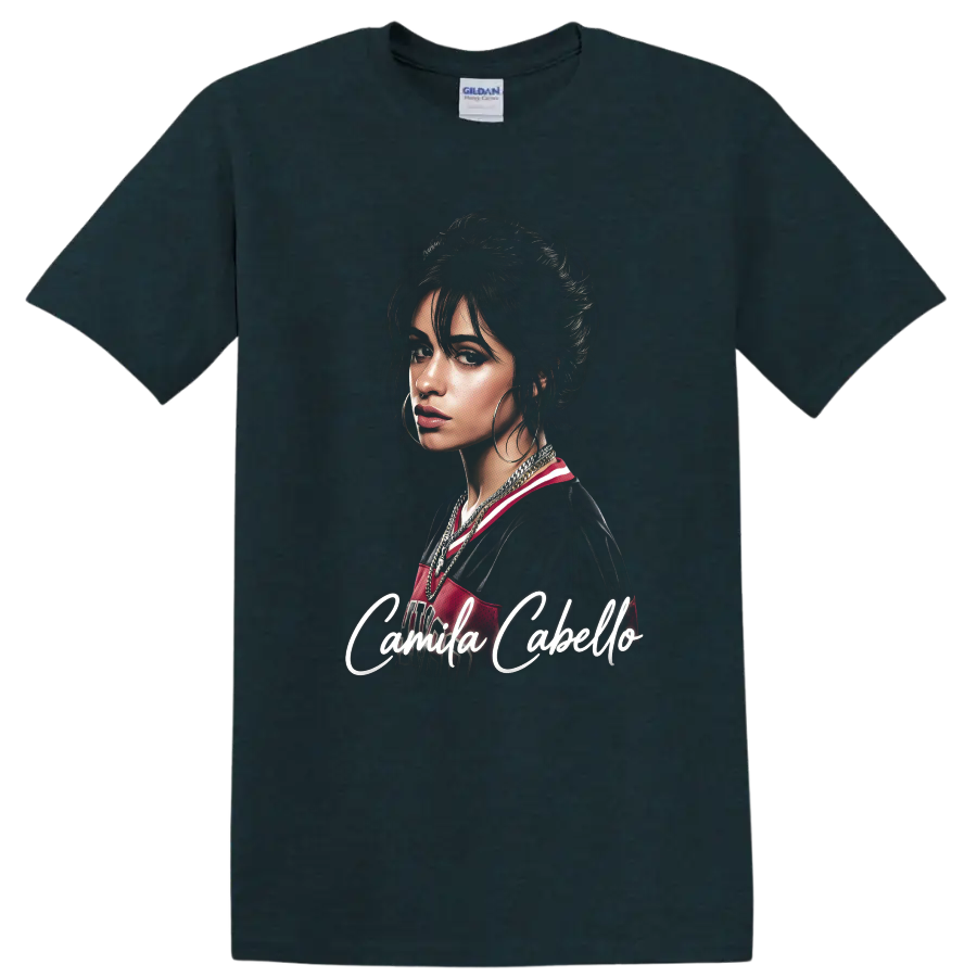 Camila Cabello digital fan portrait with white script lettering on a Midnight (Green) T Shirt