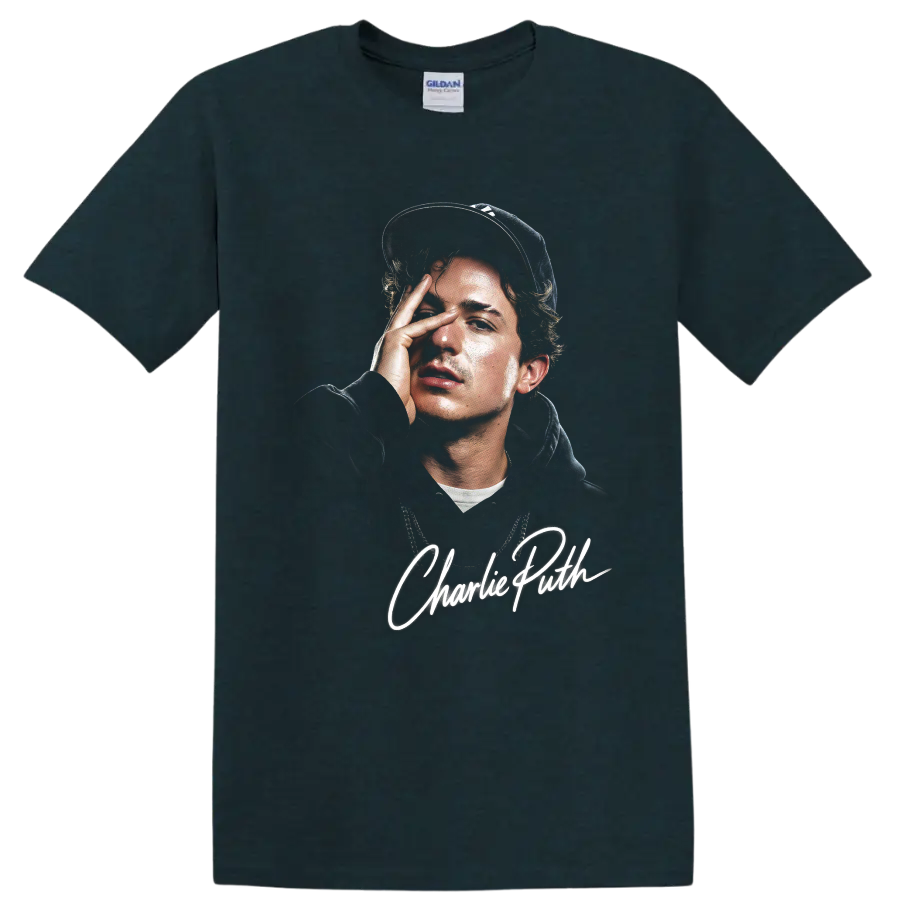 Charlie Puth digital portrait with white signature lettering on a Midnight (Green) T Shirt