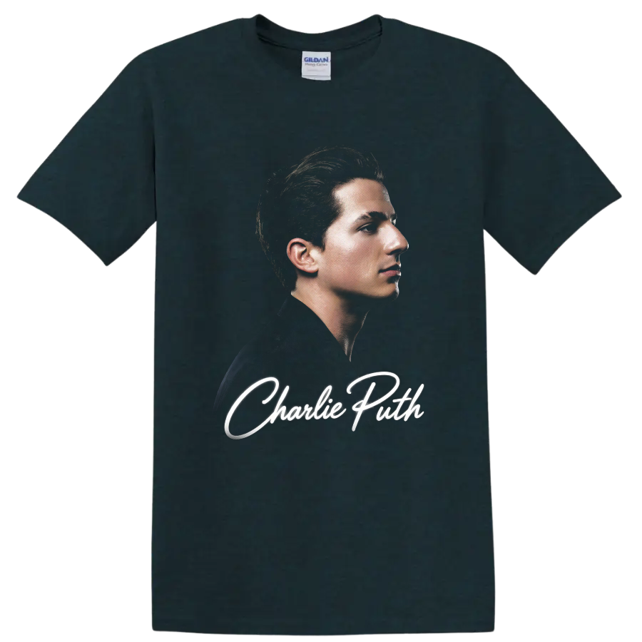 Charlie Puth side-profile portrait with white script lettering on a Midnight (Green) T Shirt