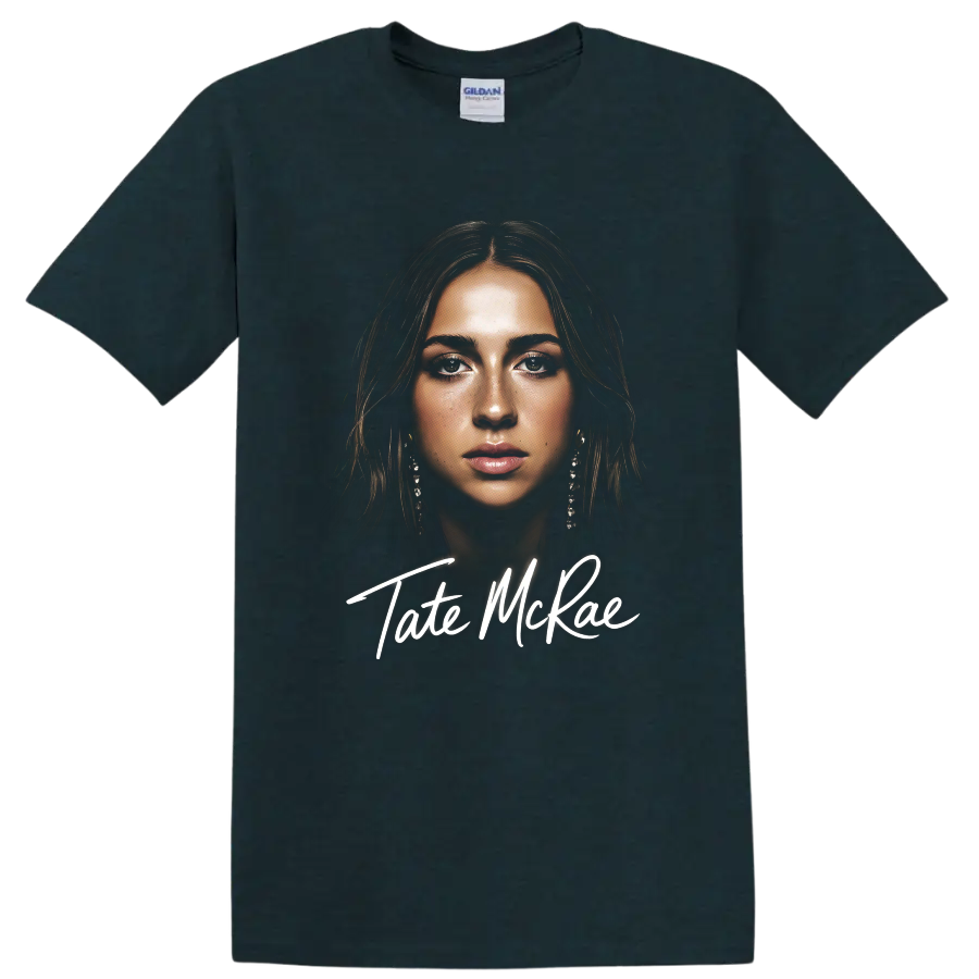 Tate McRae portrait digital fan art with white script lettering on a Midnight (Green) T Shirt