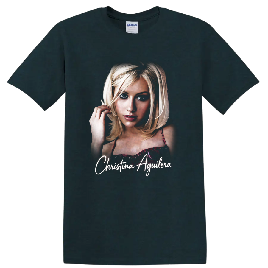 Christina Aguilera portrait autograph poster graphic with name text on a Midnight (Green) T Shirt