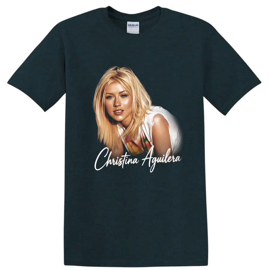 Christina Aguilera signed pop-art portrait with white script lettering on a Midnight (Green) T Shirt
