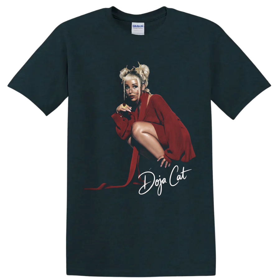 Doja Cat red pop star portrait fan art with white script lettering on a Midnight (Green) T Shirt