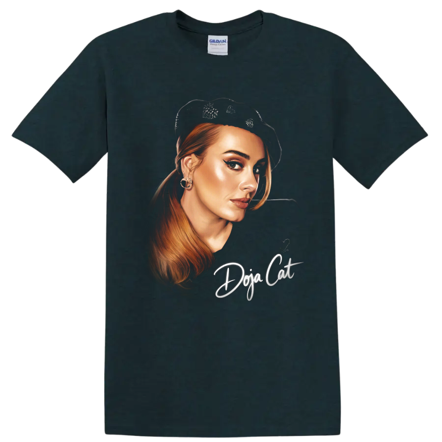 Doja Cat digital portrait with red hair, black beret, and script lettering on a Midnight (Green) T Shirt