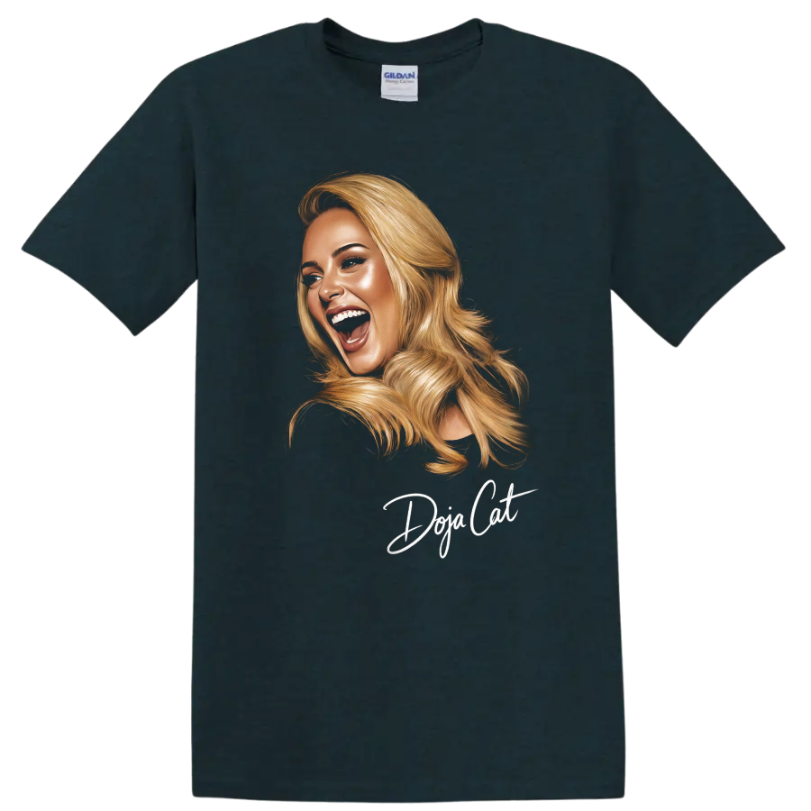 Doja Cat digital portrait with blonde hair and handwritten name lettering on a Midnight (Green) T Shirt
