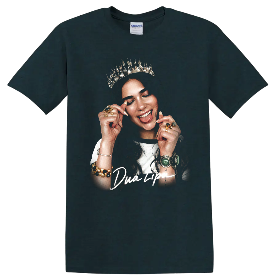 Dua Lipa crowned artistic portrait with jewelry and bold script on a Midnight (Green) T Shirt